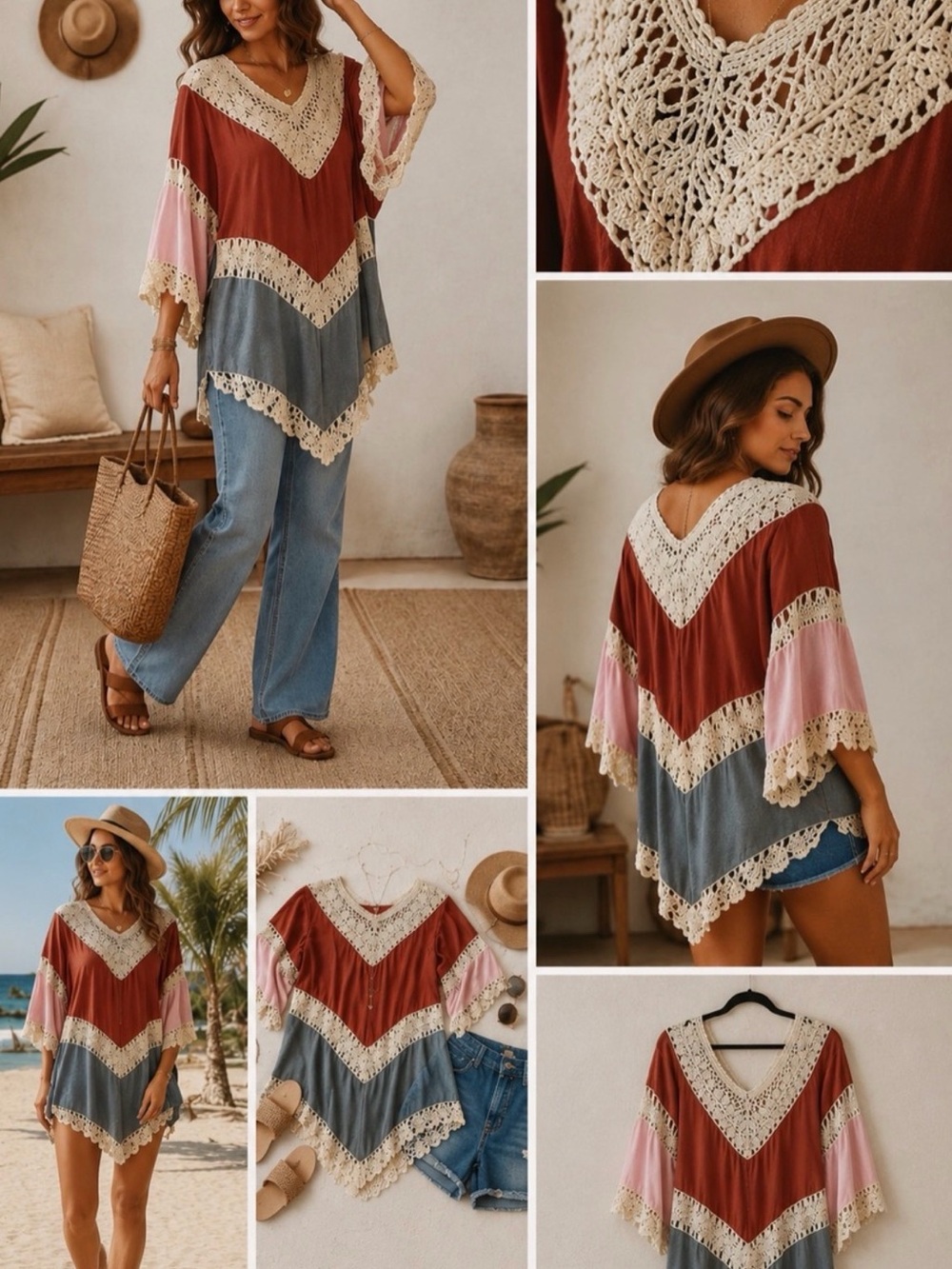 Boho V‑Neck Crochet Trim Colorblock Tunic-Rust, Pink & slate Blue